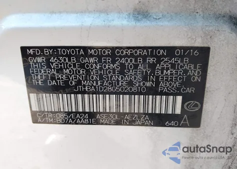 2016 Lexus Is 200T z USA, uszkodzony, nr VIN JTHBA1D28G5020810